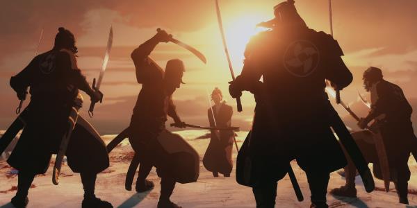 The main character of Blue Eye Samurai fighting four men